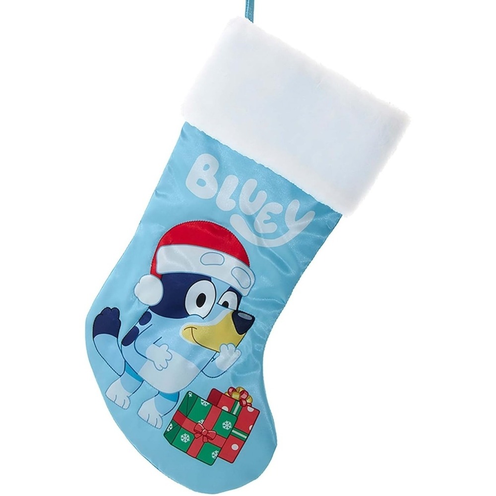 Bluey Christmas Stocking 19 Inch Satin Faux Fur Cuff Light Blue Holiday Decor